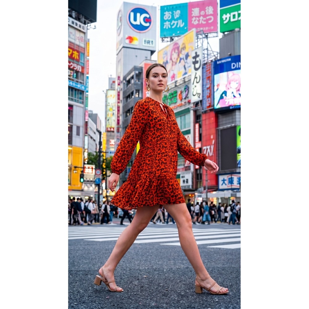 The Drop Grace Atwood Red Animal Print Tiered Smock Dress‎ V-Neck Pockets Medium